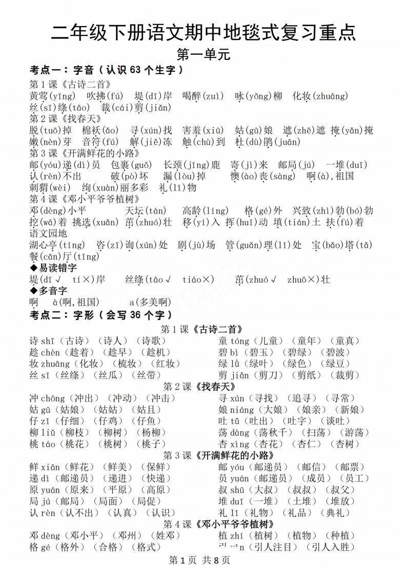 二年级下册语文期中地毯式复习重点8页-独家科技资源网