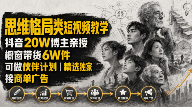 人性思维格局类短视频教学,抖音20W博主亲授,橱窗带货6W件,可做伙伴计划、精选独家、接商单广告-独家科技资源网