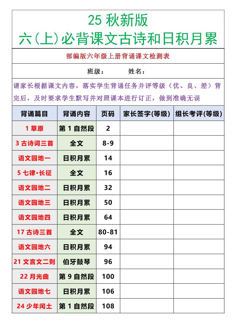 【2025秋新版】六年级语文上册必背课文内容古诗和日积月累-独家科技资源网