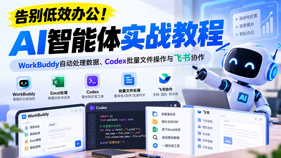 【无水印】告别低效办公！《AI智能体实战教程》WorkBuddy自动处理数据、Codex批量文件操作与飞书协作-独家科技资源网