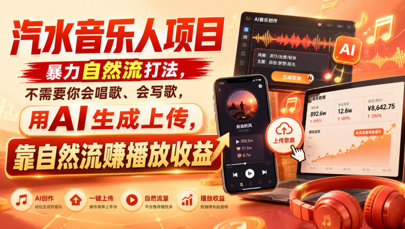 汽水音乐人项目，暴力自然流打法，不需要你会唱歌、会写歌，用AI生成上传，靠自然流賺播放收益-独家科技资源网