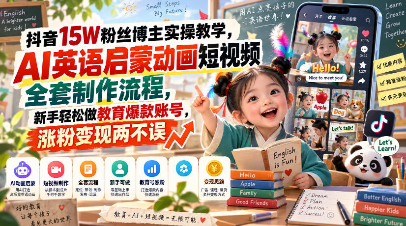 抖音15W粉丝博主实操教学，AI英语启蒙动画短视频全套制作流程，新手轻松做教育爆款账号，涨粉变现两不误-独家科技资源网