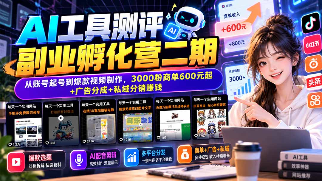 AI工具测评副业孵化营二期:从账号起号到爆款视频制作,3000粉商单600元起+广告分成+私域分销赚钱-独家科技资源网