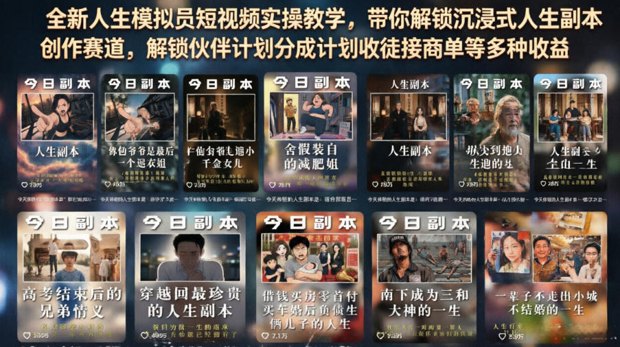 全新人生模拟员短视频实操教学，带你解锁沉浸式人生副本创作赛道，解锁伙伴计划分成计划收徒接商单等多种收益-独家科技资源网