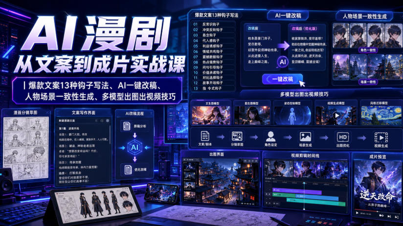 AI漫剧从文案到成片实战课｜爆款文案13种钩子写法、AI一键改稿、人物场景一致性生成、多模型出图出视频技巧-独家科技资源网