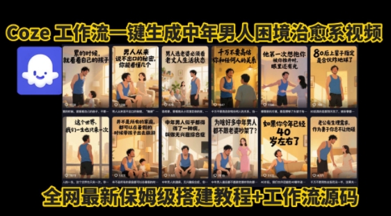 coze工作流一键生成”中年男人困境扎心高涨粉高播放量图文视频”保姆级拆解教程，无需剪辑，无需拍摄写文案-独家科技资源网