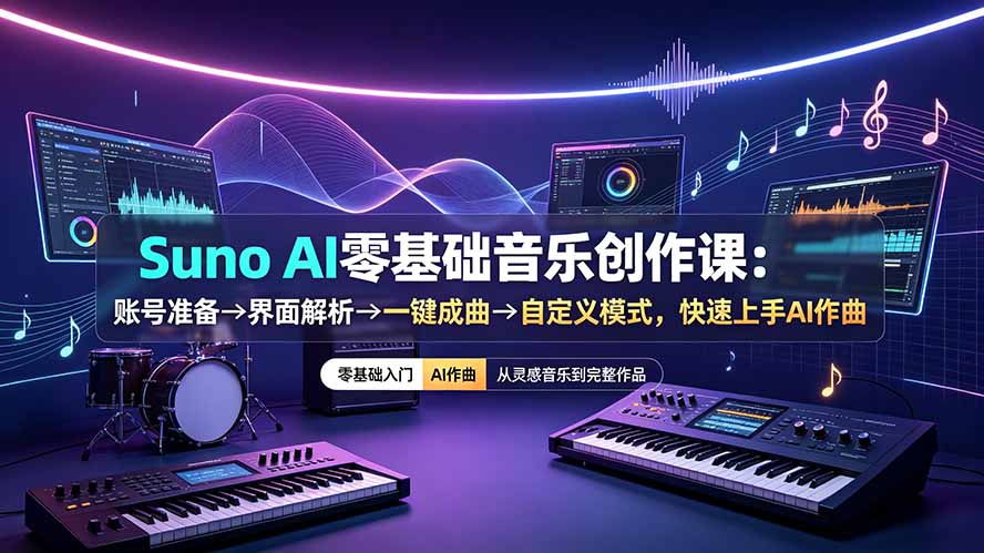 Suno AI零基础音乐创作课:账号准备→界面解析→一键成曲→自定义模式,快速上手AI作曲-独家科技资源网