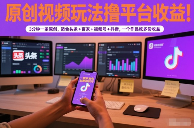 原创视频玩法撸平台收益,3分钟一条原创,适合头条+百家+视频号+抖音,一个作品吃多份收益-独家科技资源网