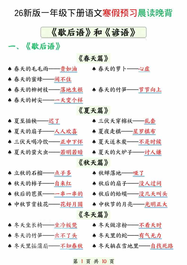 一年级下语文寒假预习晨读晚背（歇后语和谚语）-独家科技资源网
