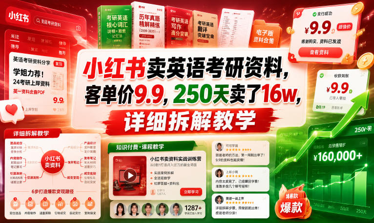 小红书卖英语考研资料，客单价9.9，250天卖了16w，详细拆解教学-独家科技资源网