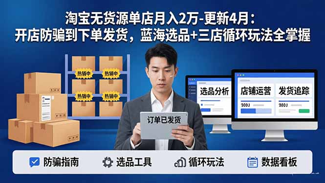 淘宝无货源5.0单店月入2万-更新4月：开店防骗到下单发货，蓝海选品+三店循环玩法全掌握-独家科技资源网