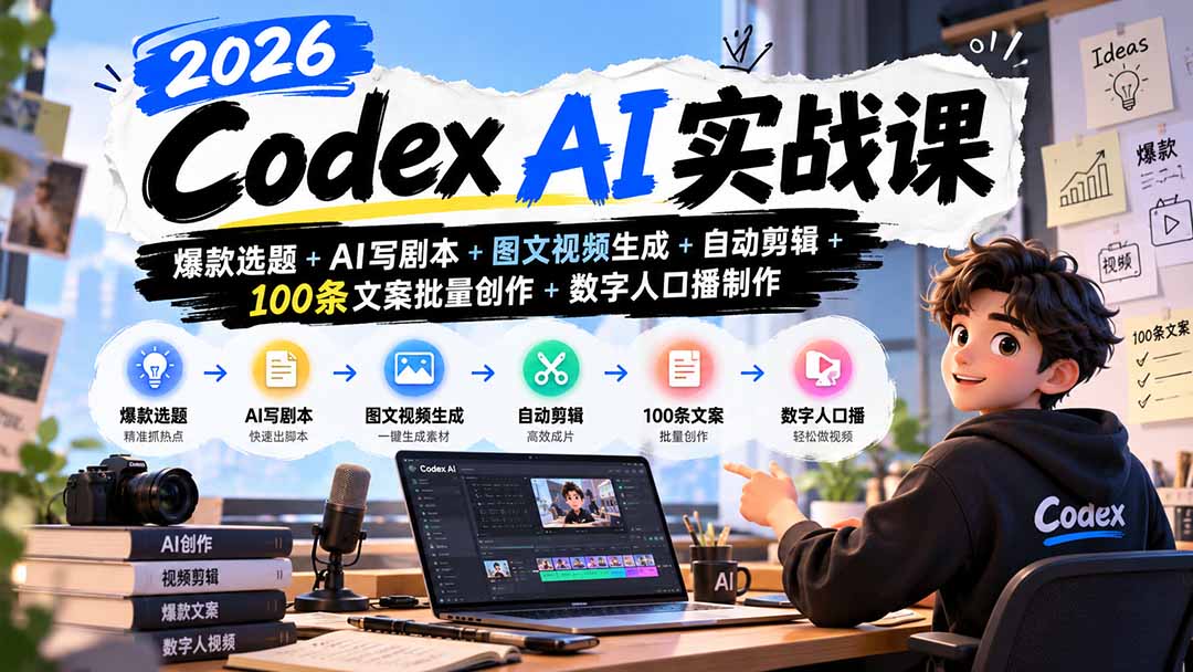 2026Codex AI实战课：爆款选题+AI写剧本+图文视频生成+自动剪辑+100条文案批量创作+数字人口播制作-独家科技资源网