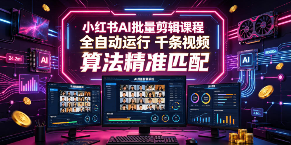 小红书AI批量剪辑课程，24小时全自动运行，解放双手专注运营，千条视频批量处理，小红书算法精准匹配-独家科技资源网