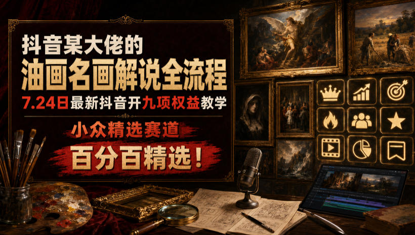 抖音某大佬的油画名画解说全流程,7.24日最新抖音开九项权益教学,小众精选赛道,百分百精选!-独家科技资源网