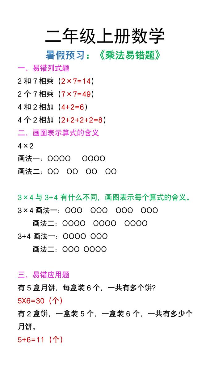 二年级上册数学暑假预习《乘法易错题》-独家科技资源网