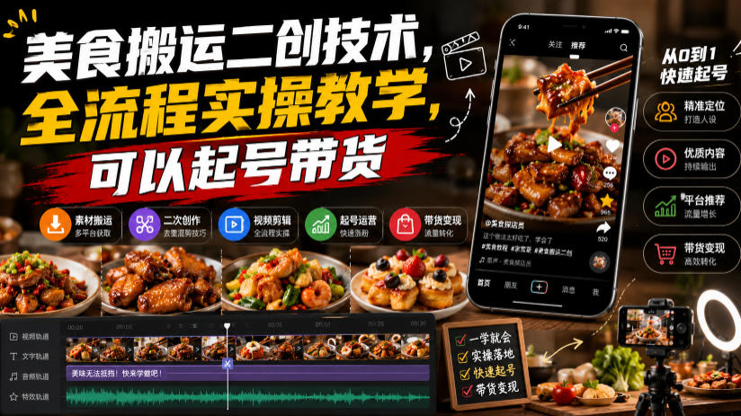 美食搬运二创技术,全流程实操教学,可以起号带货-独家科技资源网