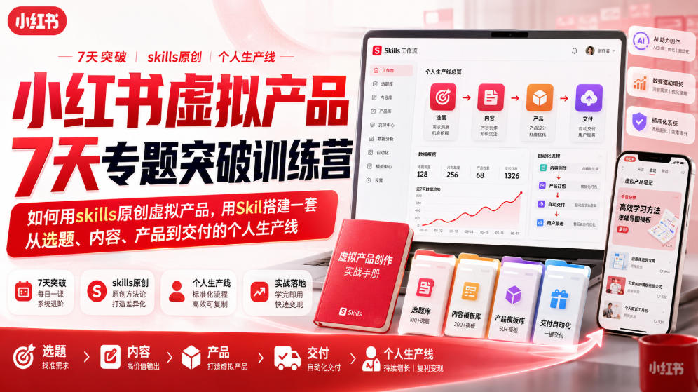 小红书虚拟产品7天专题突破训练营,如何用skills原创虚拟产品,用Skil搭建一套从选题、内容、产品到交付的个人生产线-独家科技资源网