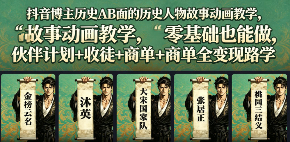 抖音博主历史AB面的历史人物故事动画教学，零基础也能做，伙伴计划+收徒+商单全变现路径教学-独家科技资源网