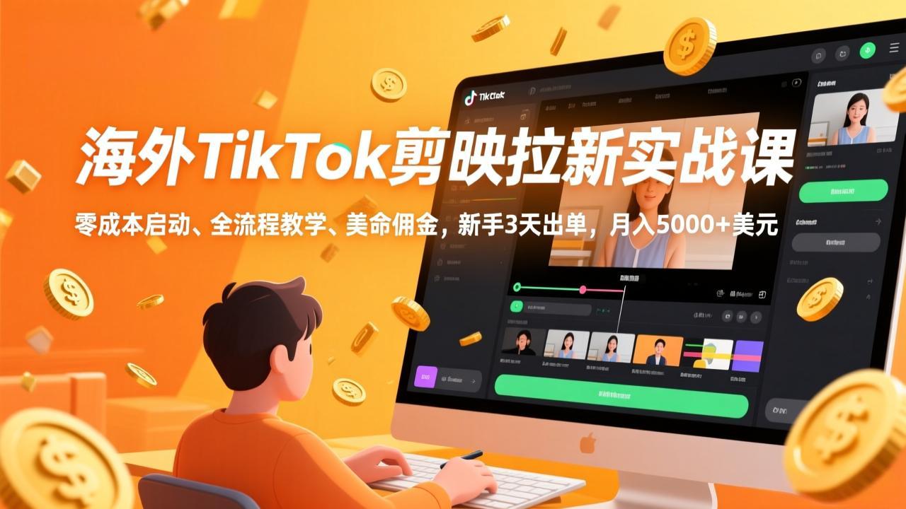 海外TikTok剪映拉新实战课，零成本启动、全流程教学、美金佣金，新手3天出单，月入5000+美元-独家科技资源网