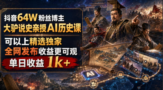 抖音64W粉丝博主大驴说史亲授AI历史课，可以上精选独家，全网发布收益更可观，单日收益1k+(更新)-独家科技资源网