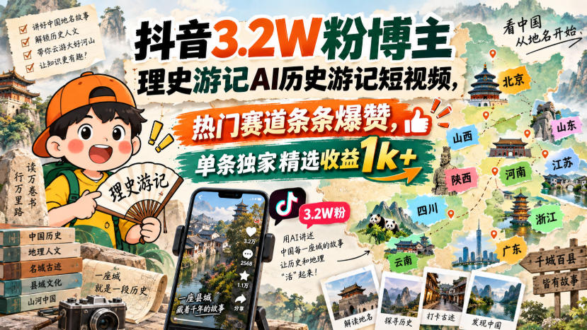 抖音3.2W粉博主理史游记AI历史游记短视频教学,热门赛道条条爆赞,单条独家精选收益1k+-独家科技资源网