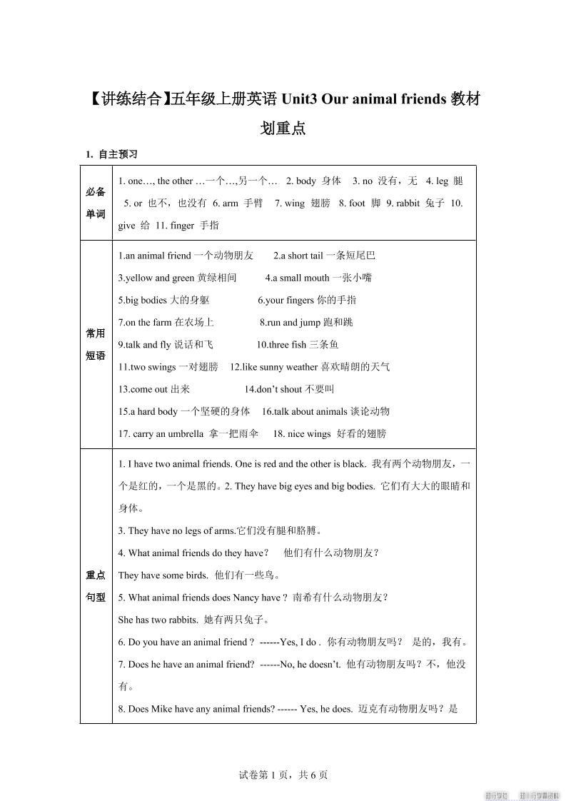 【单元热点难点】译林版（三起）英语五年级上册Unit3Ouranimalfriends教材划重点-独家科技资源网