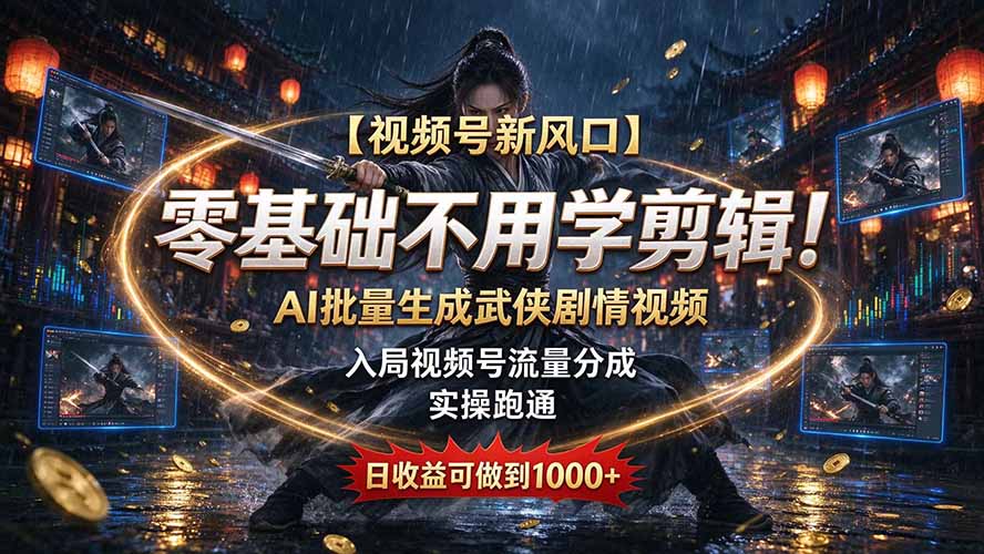 【视频号新风口】零基础不用学剪辑!AI 批量生成武侠剧情视频,入局视频号流量分成,实操跑通,日收益可做到 1000+-独家科技资源网