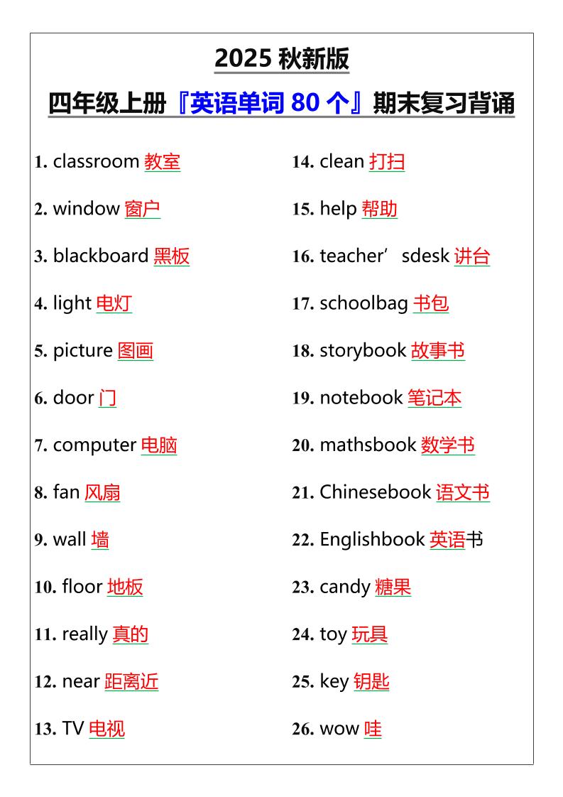 【2025秋新版】四年级上册『英语单词80个』期末复习背诵-独家科技资源网