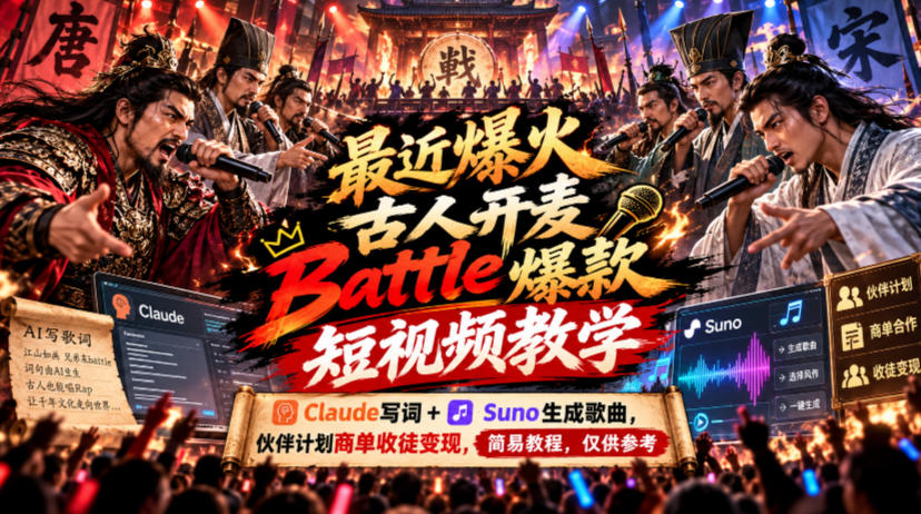 最近爆火古人开麦Battle爆款短视频教学，Claude写词+Suno生成歌曲，伙伴计划商单收徒变现，简易教程，仅供参考-独家科技资源网