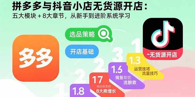 拼多多与抖音小店无货源开店：五大模块+8大章节，从新手到进阶系统学习-独家科技资源网