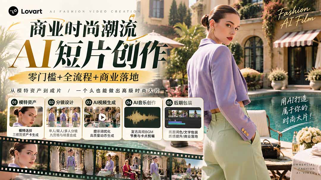 从一张模特图到高级时尚广告大片：AI三视图资产、场景合成、电影分镜、动态生成与复古音乐剪辑实战课-独家科技资源网