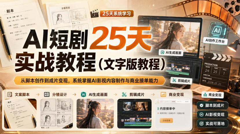 AI短剧25天实战教程(文字版教程)，从脚本创作到成片变现，系统掌握AI影视内容制作与商业接单能力-独家科技资源网