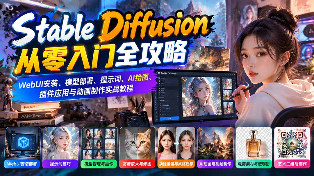 Stable Diffusion从零入门全攻略：WebUI安装、模型部署、提示词、AI绘图、插件应用与动画制作实战教程-独家科技资源网
