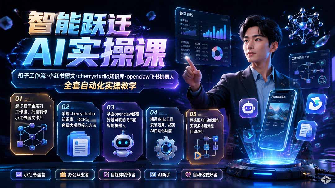 智能跃迁 AI实操课｜扣子工作流小红书图文搭建，cherrystudio知识库openclaw飞书机器人全套自动化实操教学-独家科技资源网