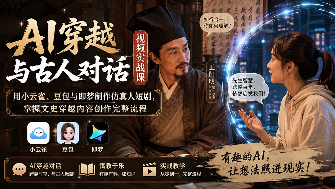 AI穿越与古人对话视频实战课：用小云雀、豆包与即梦制作仿真人短剧，掌握文史穿越内容创作完整流程-独家科技资源网