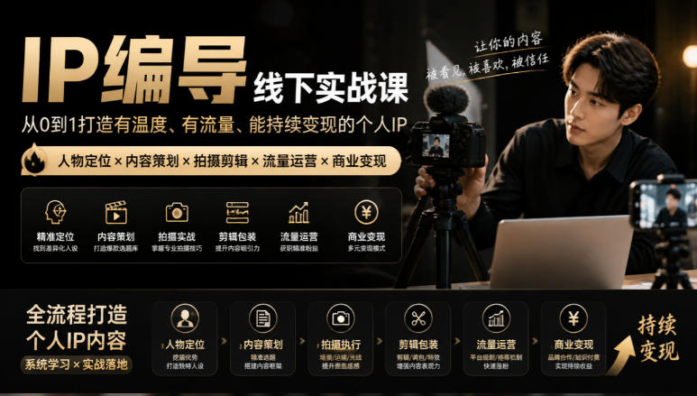 【无水印】IP编导线下实战课,从人物定位到短视频拍摄剪辑,全流程打造有温度、有流量、能持续变现的个人IP内容-独家科技资源网