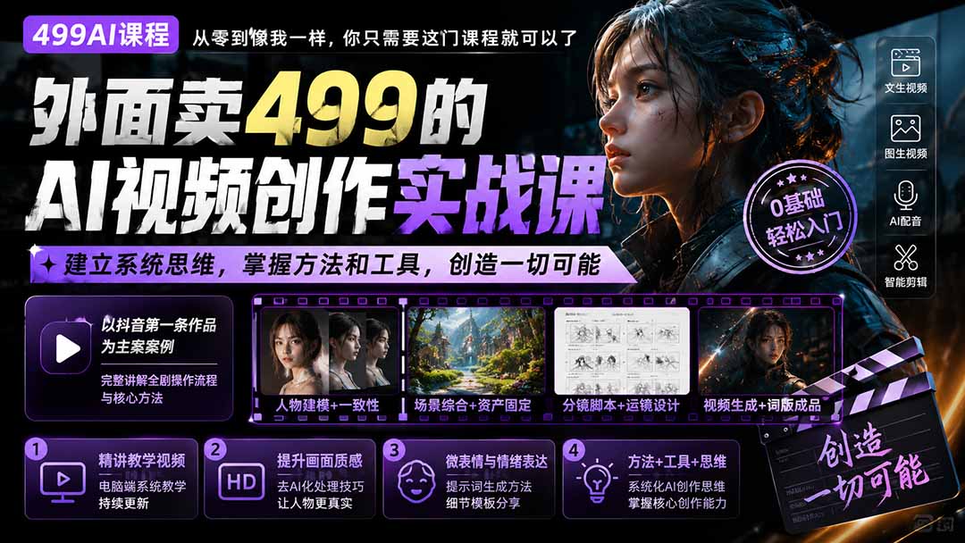 外面卖499的AI视频创作实战课：建立系统思维，掌握方法和工具，创造一切可能。-独家科技资源网