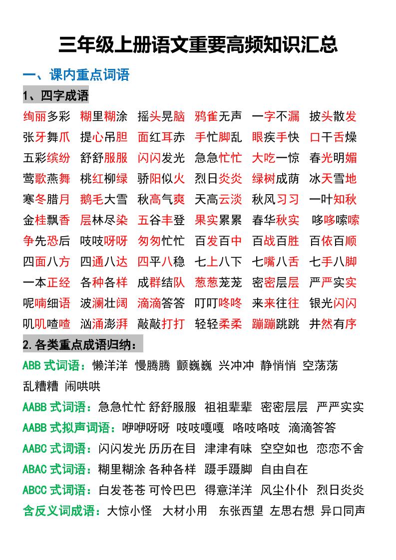 三年级上册语文重要高频知识汇总-独家科技资源网