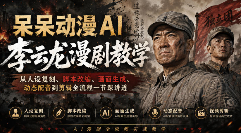呆呆动漫AI李云龙漫剧教学，从人设复刻、脚本改编、画面生成、动态配音到剪辑全流程一节课讲透-独家科技资源网