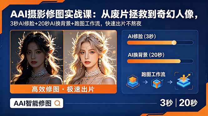 AI摄影修图实战课:从废片拯救 到 奇幻人像,3秒AI修脸+20秒AI换背景+跑图工作流,快速出片不熬夜-独家科技资源网