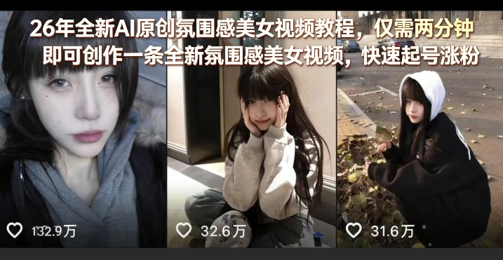 26年全新AI原创氛围感美女视频教程,仅需两分钟即可创作一条全新氛围感美女视频,快速起号涨粉-独家科技资源网