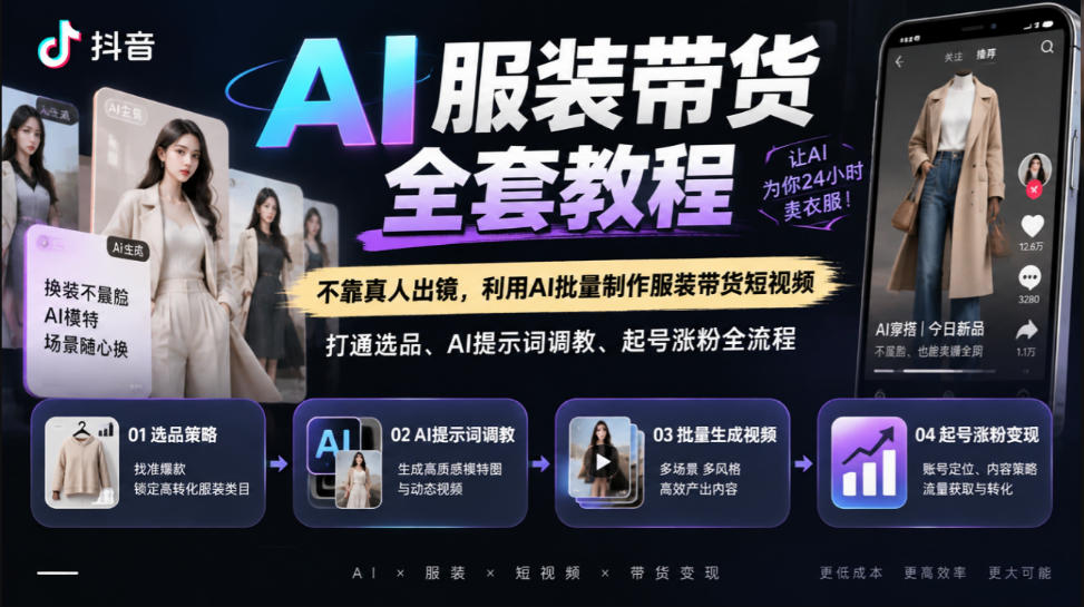 抖音AI服装带货全套教程，不靠真人出镜，利用AI批量制作服装带货短视频，打通选品、AI提示词调教、起号涨粉全流程-独家科技资源网