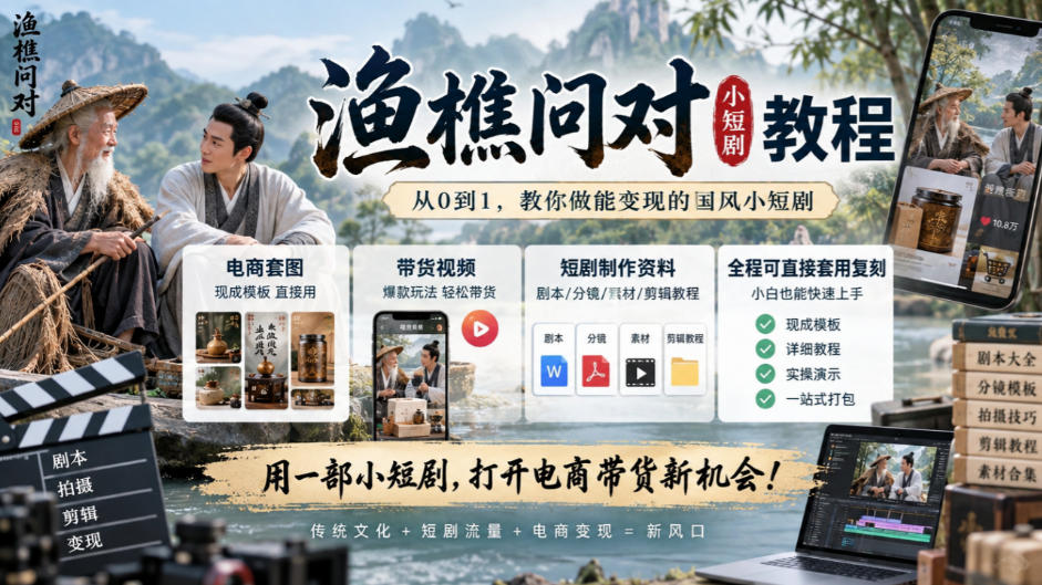 渔樵问对小短剧教程,包含电商套图、带货视频,短剧制作资料,全程可直接套用复刻-独家科技资源网