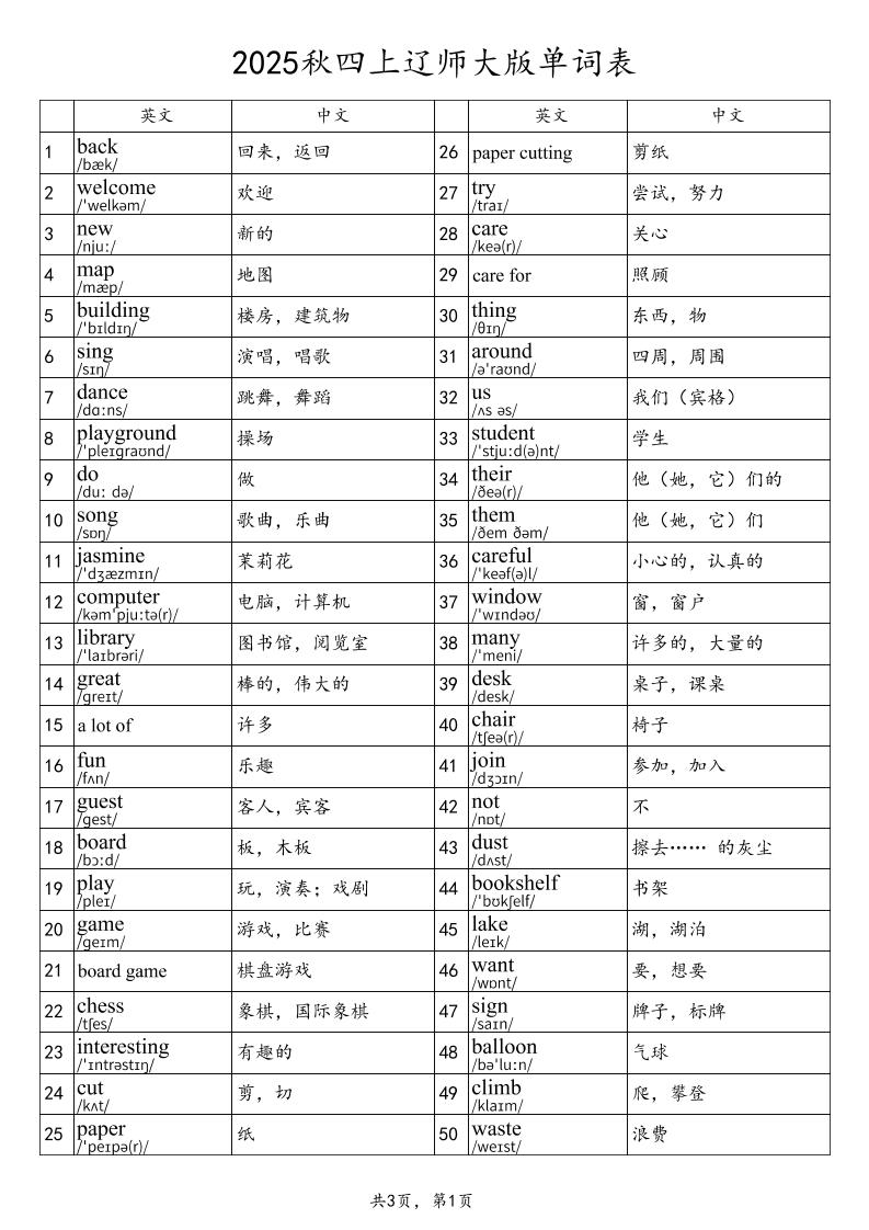 2025秋四上英语辽师大版单词表-独家科技资源网