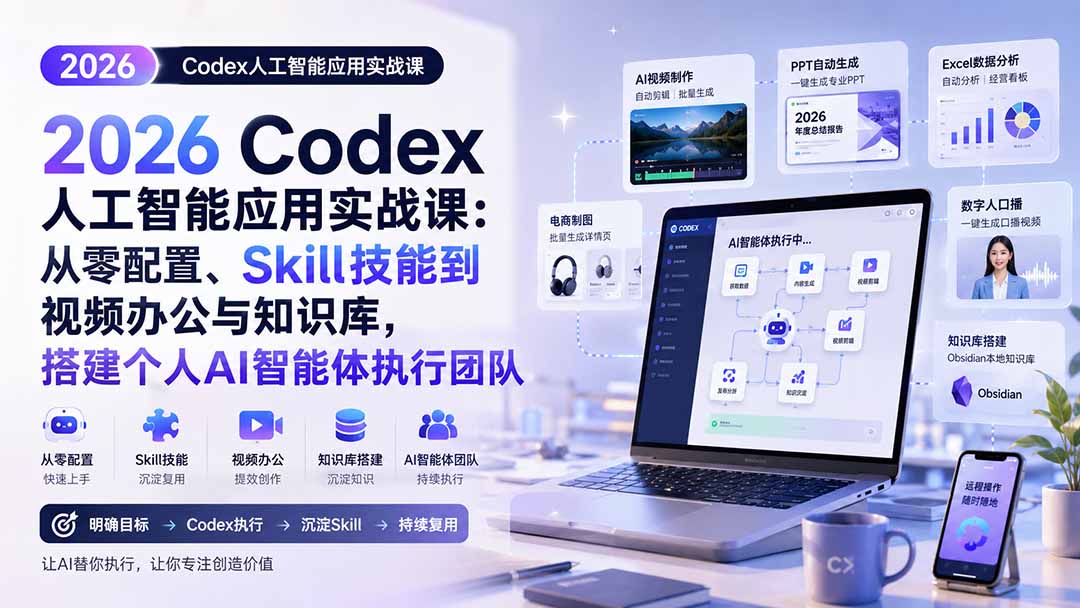 2026 Codex人工智能应用实战课:从零配置、Skill技能到视频办公与知识库,搭建个人AI智能体执行团队-独家科技资源网