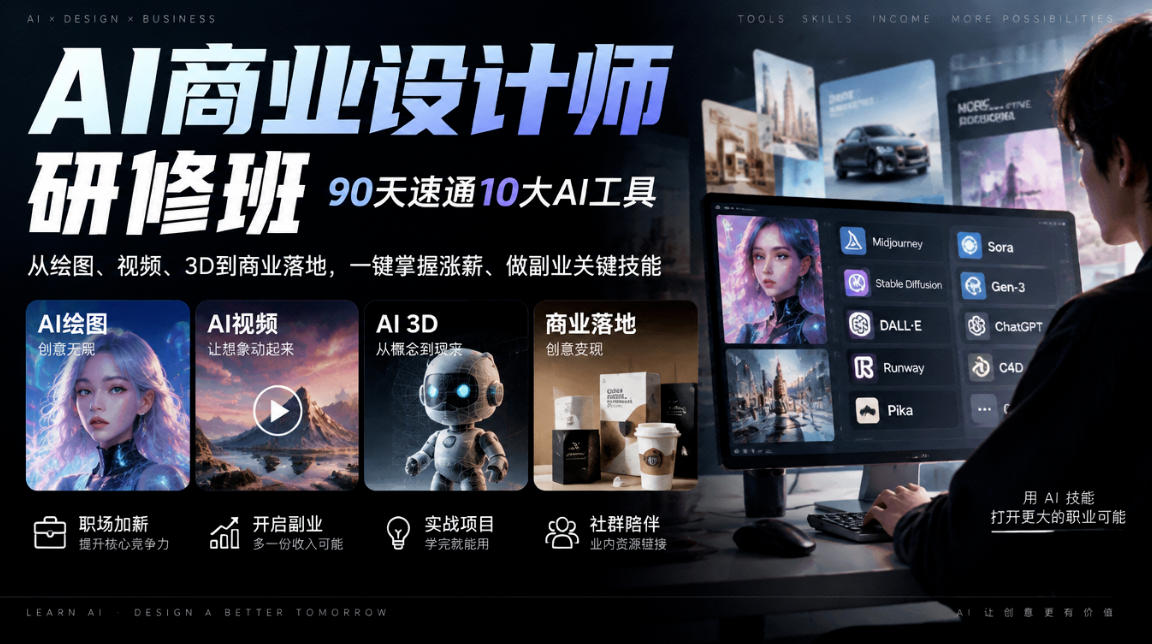 AI商业设计师研修班，90天速通10大AI工具，从绘图、视频、3D到商业落地，一键掌握涨薪、做副业关键技能-独家科技资源网