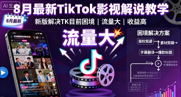 8月最新TikTok影视解说教学，新版解决TK目前困境，流量大，收益高-独家科技资源网