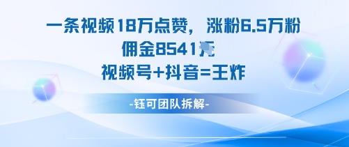 一条视频18W点赞，涨粉6.5W粉佣金8541米，视频号+抖音=王炸-独家科技资源网