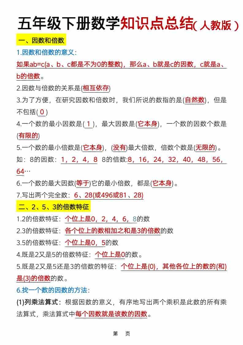 五年级下数学知识点总结《人教版》-独家科技资源网