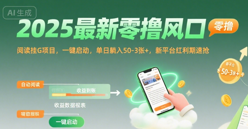 2025最新零撸风口，阅读挂G项目，一键启动，单日躺入 50-3张+，新平台红利期速抢【揭秘】-独家科技资源网